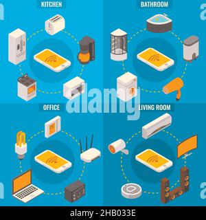 Vector set of smart home rooms concept posters. Kitchen, Bathroom, Office and Living room flat 3d isometric templates. Stock Vector