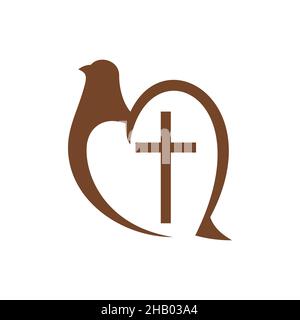Crucifix and dove christianity religion vector icon. Christian catholic cross and pigeon bird symbol isolated on white background, religious emblem of Stock Vector