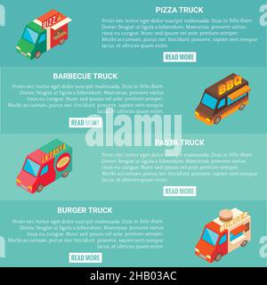 Vector set of fast food truck horizontal banners. Pizza, barbecue, pasta and burger truck isometric icons, place for text. Stock Vector