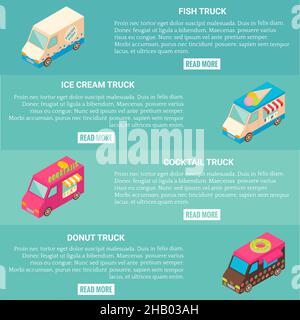 Vector set of fast food truck horizontal banners. Fish, ice cream, cocktail and donut truck isometric icons, place for text. Stock Vector