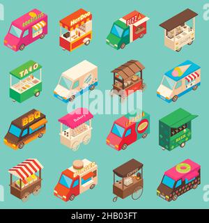 Vector set of street food truck and cart isometric icons. Fast food mobile shops for street food festivals. Stock Vector