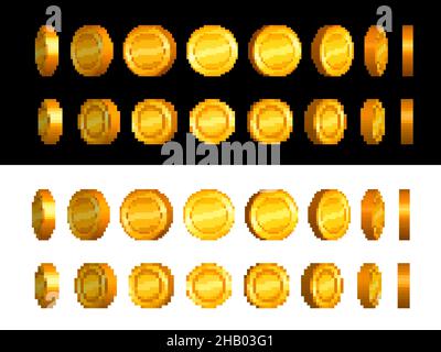 Golden coin animation sprite frames. Pixel art 8bit game, money cash coins set. Vector retro pixel art bonus for arcade video game, gold 2d ui dollars Stock Vector