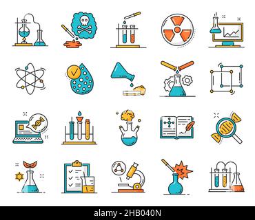 Genetics, medicine and physics, chemistry, biology line icons. Science laboratory test, genetics research outline vector icons with flasks, DNA helix Stock Vector