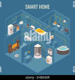 Smart house concept vector flat 3d isometric illustration. Cutaway home interior with smart phone controlled household and bathroom appliances. Stock Vector