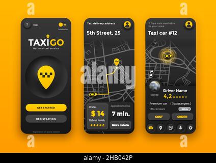 Neumorphic taxi online mobile order application interface. Ui application screens of cab booking, map navigation. Vector neumorphism app design for ca Stock Vector