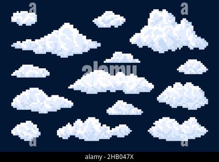 White isolated fluffy bubble pixel clouds in blue sky, vector 8bit pixel art game icons. Cartoon 8 bit space background with clouds landscape elements Stock Vector