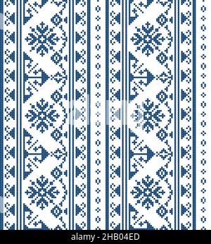 Zmijanski vez traditional cross stitch style vector seamless pattern vertical oriented - long horizontal design inspired by folk art from Bosnia and H Stock Vector