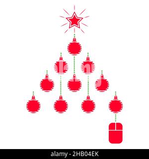 Christmas logistics card. Schematic christmas tree with PC mouse on white background. Flat icons. Dashed Path from point A to point B Stock Vector