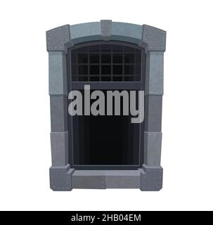 Cartoon medieval window of prison, jail cell or wall cage with metal grate. Prison dungeon isolated window with iron bars, castle tower or fortress ja Stock Vector