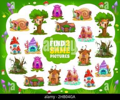 Find two same cartoon fairy houses. Kids riddle maze. Vector game, educational task worksheet with fantasy mushroom, snail shell, sea conch and swamp Stock Vector