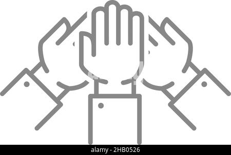 Team work line icon. Three raised hands, success, charity symbol Stock Vector