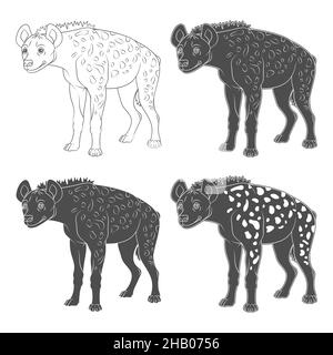Set of black and white illustrations with spotted hyena. Isolated objects on a white background. Stock Vector