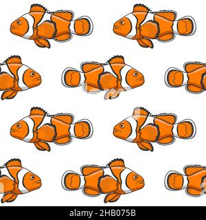 Seamless pattern with clown fish. Vector background with tropical fish on a white background. Stock Vector