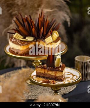 Layered chocolate cake decorated with fancy chocolate flakes Stock Photo