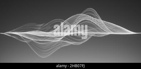 White wireframe waveform structure or abstract visualization of audio sound waves on grey background Stock Photo