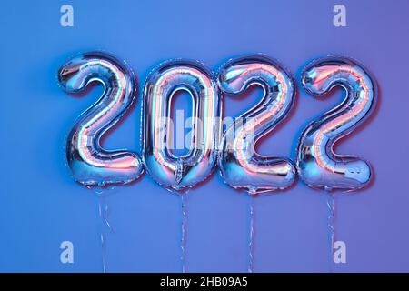 From above number balloons Celebrate party Poster Object render ballon with ribbon blue background Stock Photo