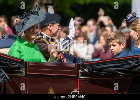 Sophie, Countess of Wessex with Prince Edward, James, Viscount Severn and Lady Louise Windsor at Trooping the Colour in carriage on The Mall, London Stock Photo