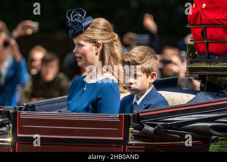 Lady Louise Windsor and James, Viscount Severn at Trooping the Colour 2019 in carriage on The Mall, London, UK. Children of Prince Edward and Sophie