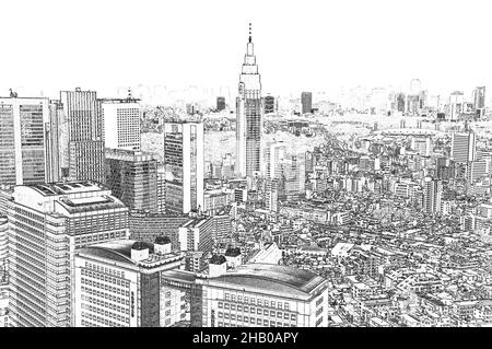 aerial view on Shinjuku district, Tokyo, Japan (illustration Stock ...