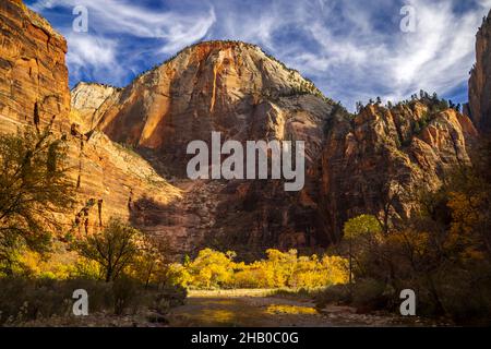 This is an autumn view of Cable Mountain in the Big Bend area of Zion National Park, Springdale, Washington County, Utah, USA.. Stock Photo
