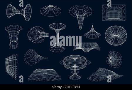 3d Wireframe geometric shapes, surface grid and sphere ball, torus and net, cyber globe. Vector science figures, objects, fractals and graphic forms c Stock Vector