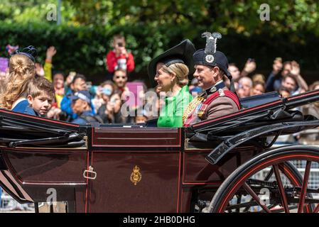 Sophie, Countess of Wessex with Prince Edward, James, Viscount Severn and Lady Louise Windsor at Trooping the Colour in carriage on The Mall, London Stock Photo