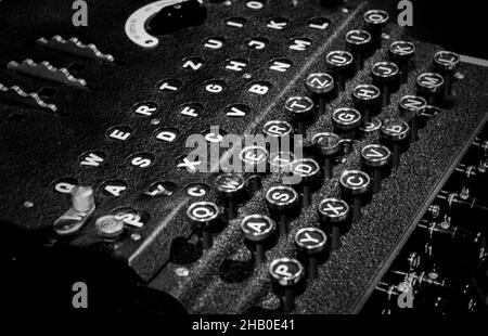 The plugboard, keyboard, lamps and rotors from a World War 2 German 'Enigma' machine used for encrypting and decrypting messages. Stock Photo