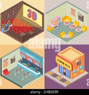 Movie theater building in isometric style design. Vector flat 3d icons. Interior of cinema, cafe, ticket office Stock Vector