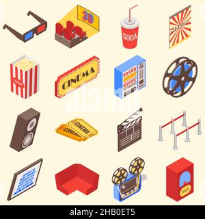 Movie theater accessories and gadgets in isometric style design. Vector flat 3d icons Stock Vector