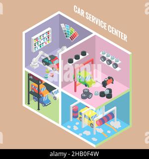 Car service center isometric icons. Vector flat 3d design elements. Auto painting, collision repair, multi level parking, car wash, change tyres, Car Stock Vector