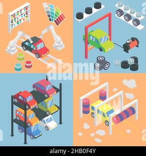 Car service center isometric icons. Vector flat 3d design elements. Auto painting, collision repair, multi level parking, car wash, change tyres, Car Stock Vector