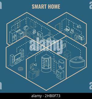 Smart house concept vector 3d isometric blueprint illustration Stock Vector