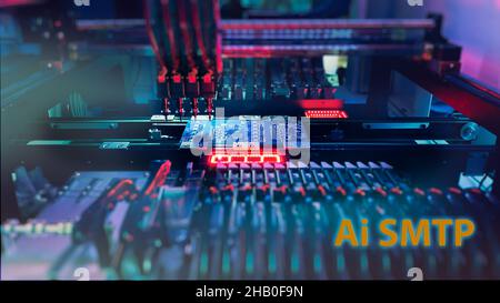 Ai SMT Concept: Production of high-tech computer Chips on an automatic SMT machine. Digital technologies for automation of industry. Red neon lights illuminate Chip Components for automation test. Stock Photo