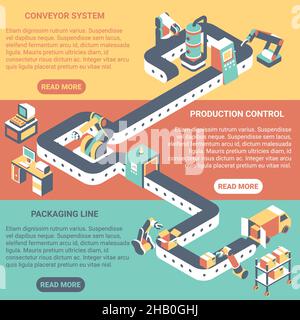 Conveyor concept vector flat isometric horizontal banner set Stock Vector