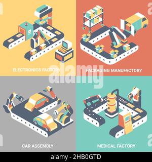 Factory automation concept vector flat isometric poster set Stock Vector