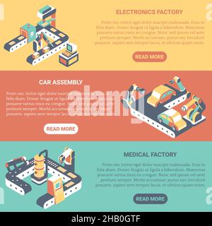 Factory automation concept vector flat isometric horizontal banner set Stock Vector