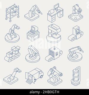 Automated production line vector isometric thin line icon set Stock Vector