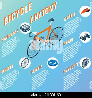 Bicycle anatomy concept infographic. Vector set of bicycle parts isolated isometric icons. Bicycle objects and design elements. Bike repair gears Stock Vector
