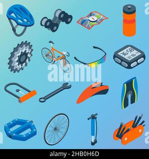 Vector set of bicycle parts isolated isometric icons. Bicycle objects and design elements. Bike repair gears. Stars, wheels, helmet, seat Stock Vector