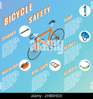 Bicycle Safety concept infographic. Vector set of bicycle parts isolated isometric icons. Bicycle objects and design elements. Bike repair gears Stock Vector