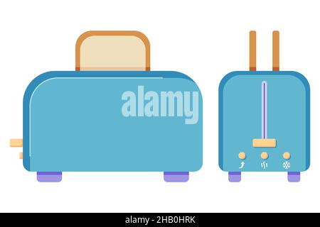 A toaster with slices of bread in two projections, profile and full face, an electronic device for toasting bread, the morning routine of preparing br Stock Vector