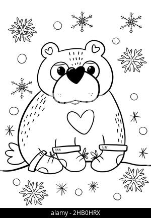 Christmas coloring book page with a bear. Cartoon line animal. Stock Photo