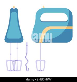 Mixer for whipping cream and meringue, electronic device for making sweets, cream and pastries, morning routine of breakfast preparation. Vector illus Stock Vector