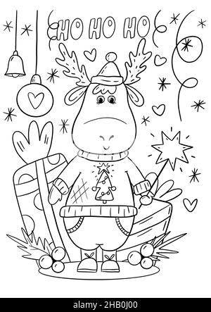 Christmas coloring book page illustration with cartoon deer. Hohoho lettering. Coloring illustration for kids. Stock Photo
