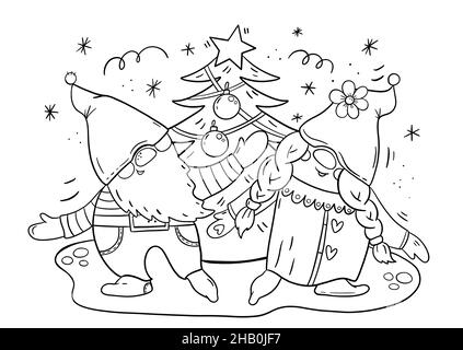 Dancing Christmas gnomes near Christmas tree. Christmas coloring illustration for adults and kids. Stock Photo