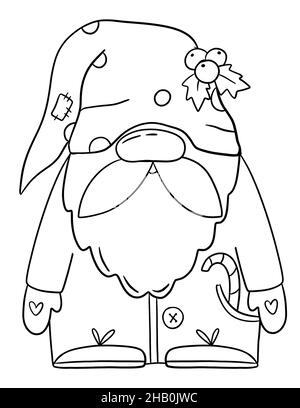 Cute cartoon valentine gnome coloring page. Hand drawn Valentines day card with gnome. Stock Photo