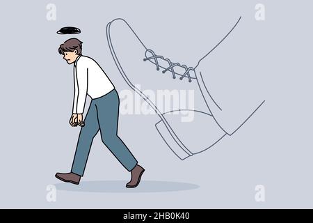 Being fired and kicked out concept. Young stressed sad man worker office manager going away with huge boot shoe kicking him out vector illustration  Stock Vector