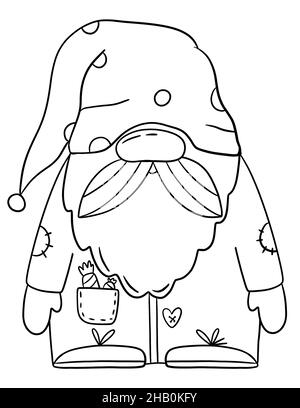 Cute cartoon valentine gnome coloring page. Hand drawn Valentines day card with gnome Stock Photo