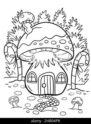 Tiny Christmas coloring page with magic house mushroom. Winter illustration with magic house. Stock Photo