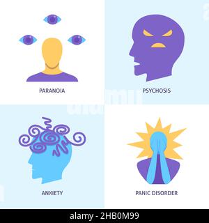 Mental disorders icon set in flat style. Panic attack, anxiety, psychosis and paranoia symbols. Vector illustration. Stock Vector